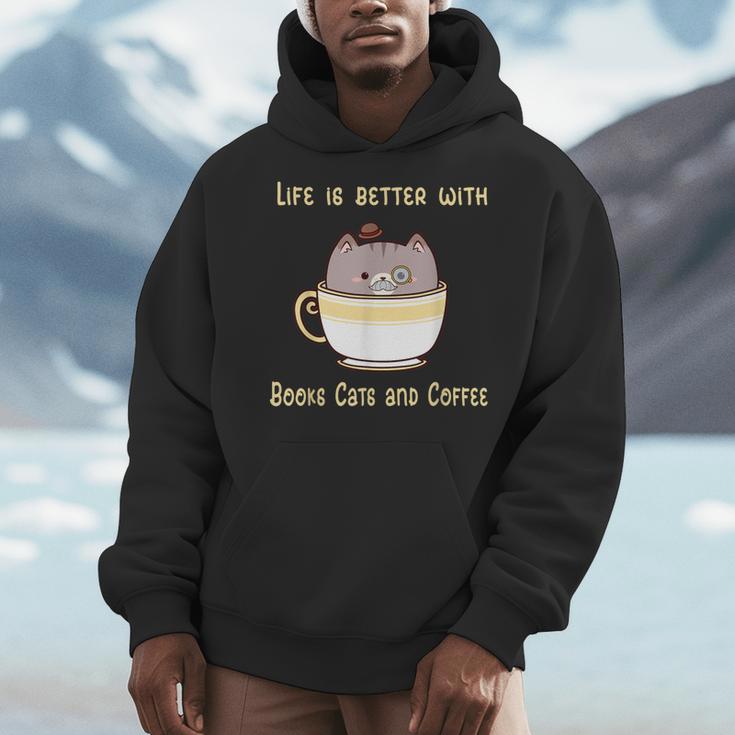 Life Is Better With Books Cats And Coffee Cute Kitten Men Hoodie