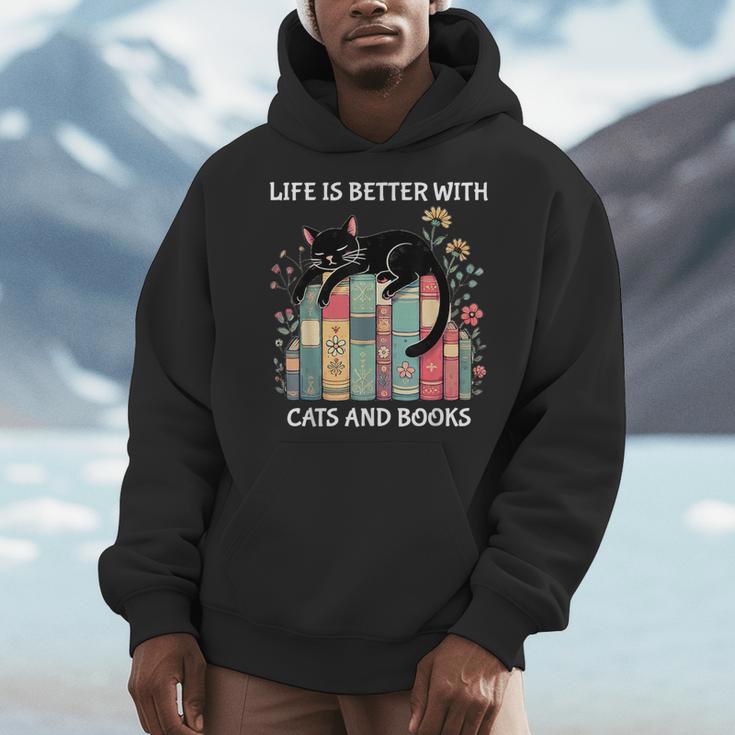 Life Is Better With Cats And Books Cute Cat Lover Men Hoodie
