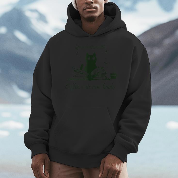 Life With Book Reading Cats And Coffee Ironic Kitty Men Hoodie