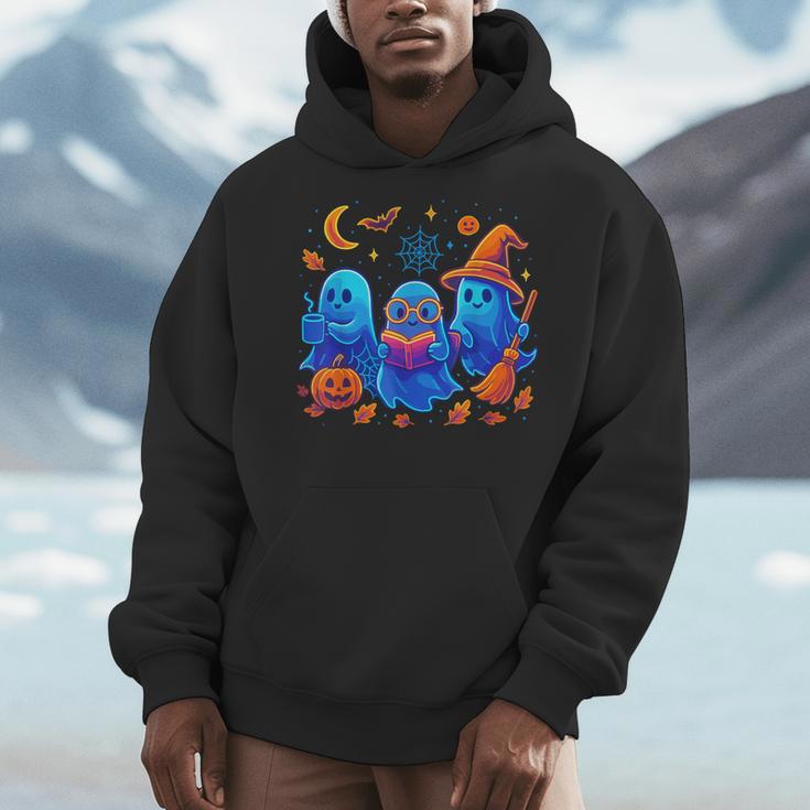 Little Ghost Coffee Tee Spooky Season Ghost Reading Book Men Hoodie