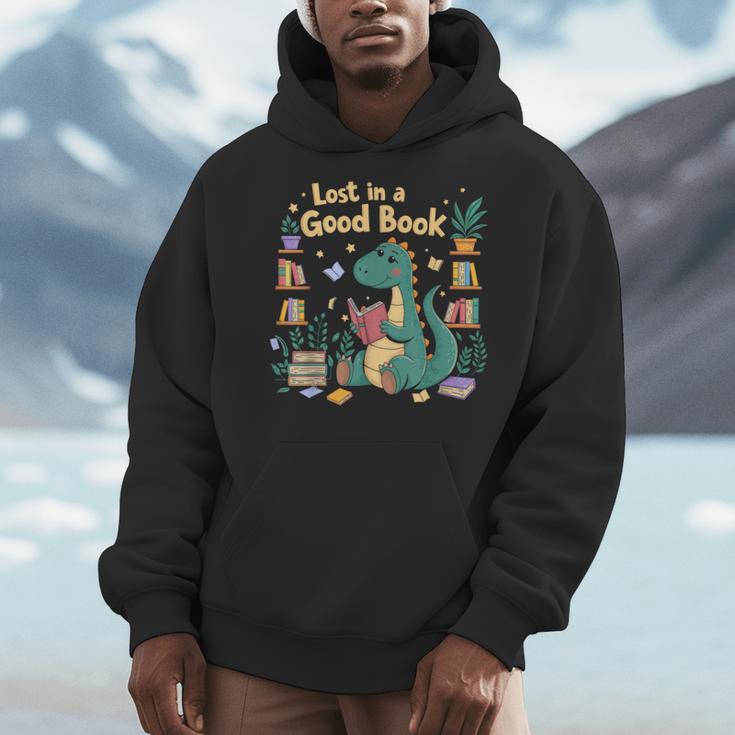 Lost In a Good Book Cute Reading Dinosaur Illustration Men Hoodie