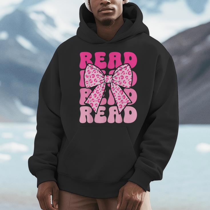 Pink Leopard Read Coquette Bow Girls Retro Groovy Reading Men Hoodie