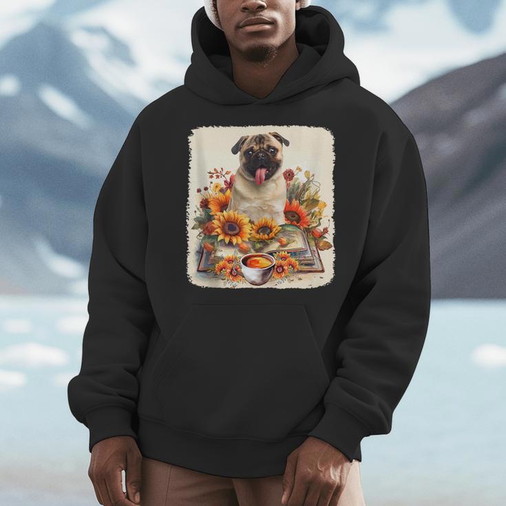 Pug Reading Books Sunflowers With Coffee Lover Owner Men Hoodie