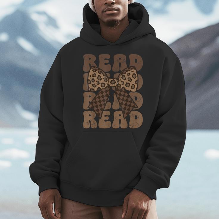 Read Coquette Bow Retro Western Groovy Leopard Reading Men Hoodie