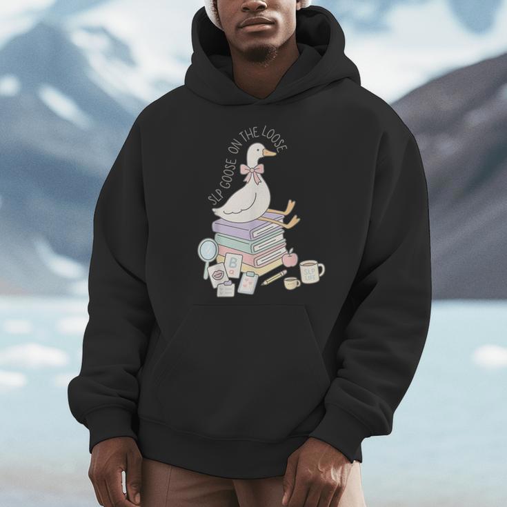 Retro Book SLP Goose On The Loose Speech Language Pathology Men Hoodie