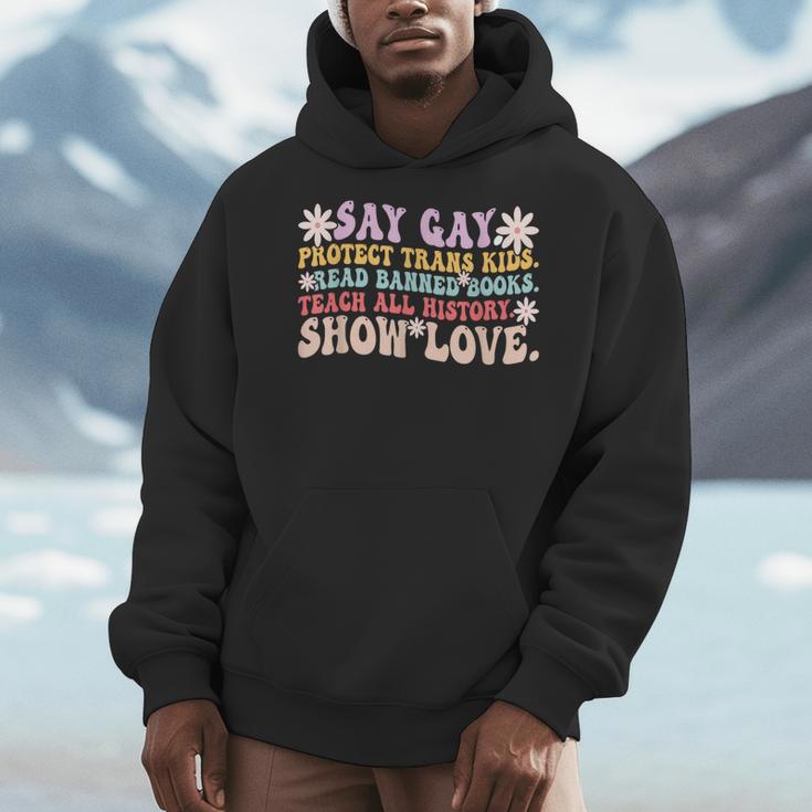 Say Gay Protect Trans Kids Read Banned Books LGBT Groovy Men Hoodie
