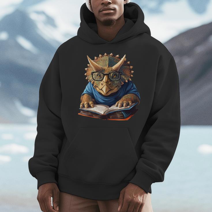 Triceratops Dinosaur Reading Book Nerd Men Hoodie