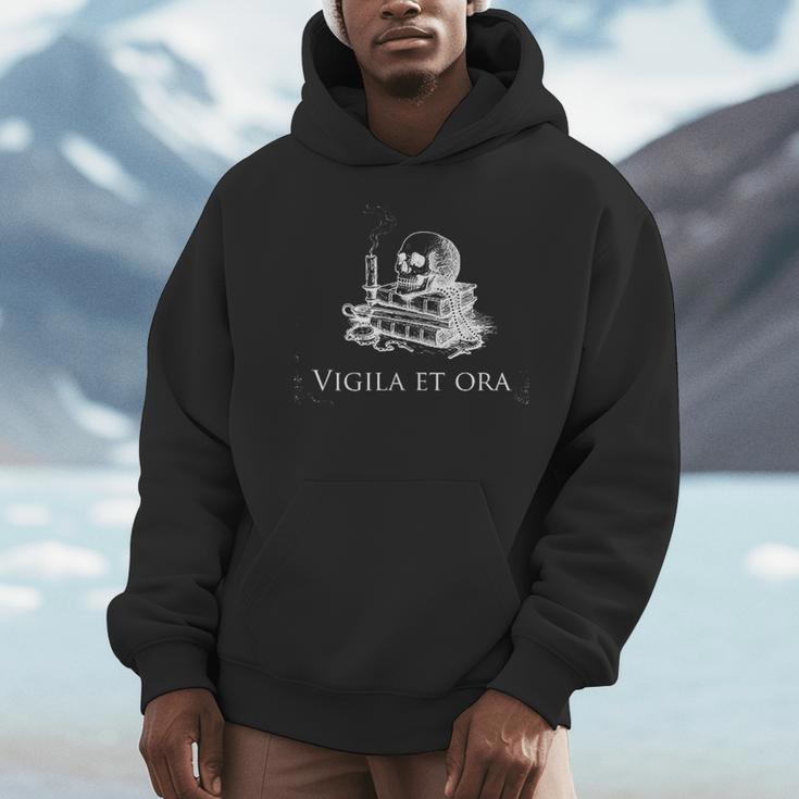 Vigila Et Ora Skull On Books Latin Men Hoodie Vigila Et Ora Skull On Books Latin Men Hoodie