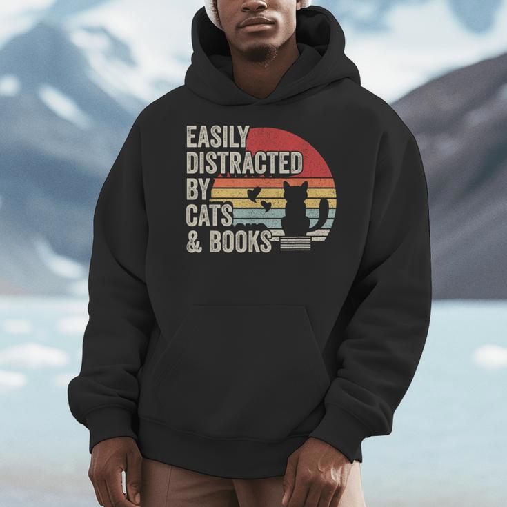Vintage Retro Easily Distracted By Cats And Books Men Hoodie