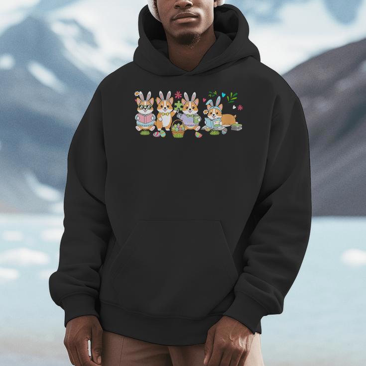 Women's Group Bunny Corgis Easter Reading Book Hunting Eggs Owner Men Hoodie