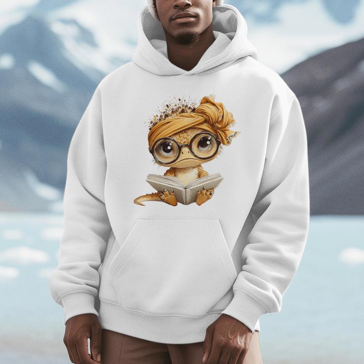 Baby Lizard Open Book Reading Reptile Graphic Portrait Round Premium Tri-Blend Men Hoodie