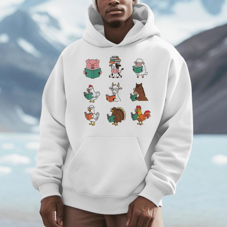 Cute Farm Animals Reading Books Teacher Library Reader Men Hoodie