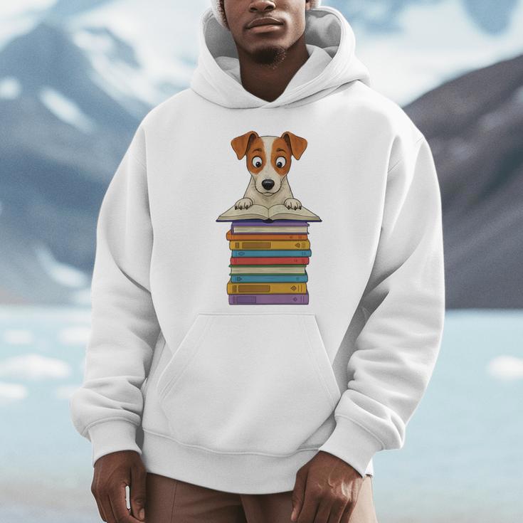 Cute Jack Russel Dog Reading On Pile Of Books Premium Tri-Blend Men Hoodie