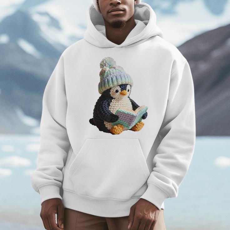 Cute Penguin Reading Book Faux-Crochet Print Men Hoodie