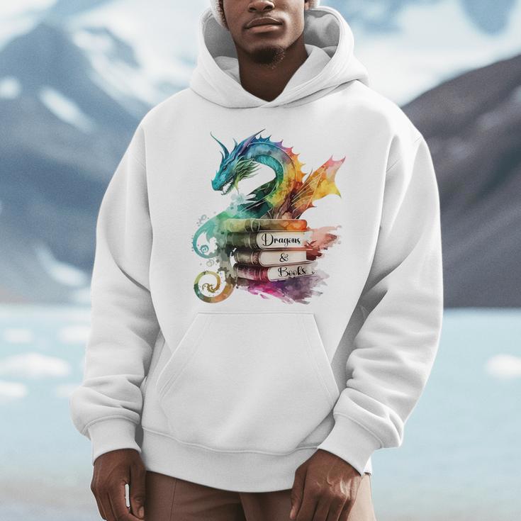 Dragons And Books Watercolor Fantasy Dragon Lover Theme Men Hoodie