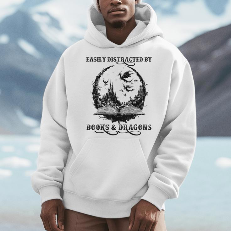 Easily Distracted By Books & Dragons Librarian Book Lover Men Hoodie Easily Distracted By Books & Dragons Librarian Book Lover Men Hoodie