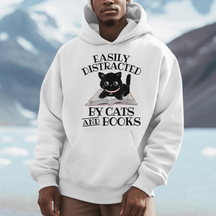 Easily Distracted By Cats And Books Cat Book Lover Men Hoodie