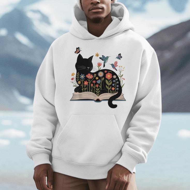 Floral Cat Reading Book Kitten Illustration Men Hoodie Floral Cat Reading Book Kitten Illustration Men Hoodie