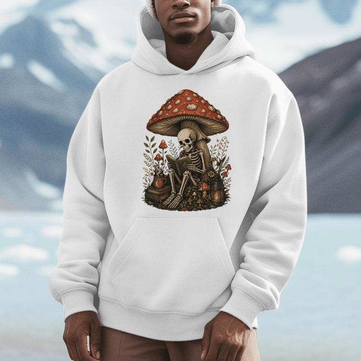 Floral Mushroom Skeleton Reading Books Gothic Humor Men Hoodie