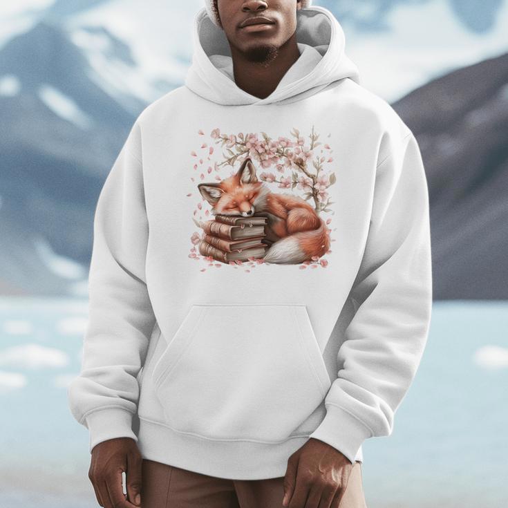 Fox And Book Lover Graphic For Women And Spring Pink Flower Men Hoodie