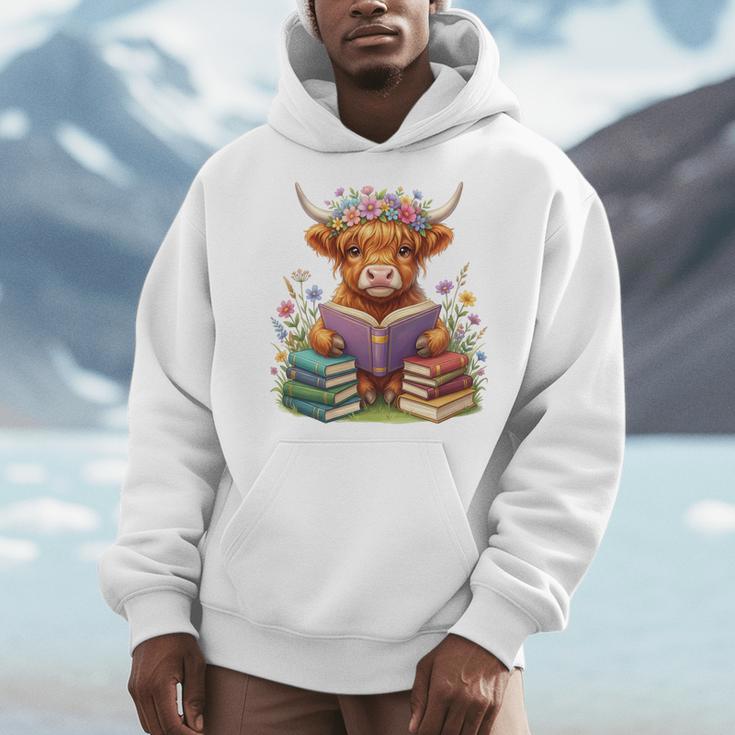 Highland Cow Book Floral Bookworm Librarian Cute Easter Day Men Hoodie