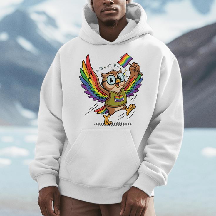 Owl With Pride Flag Book Lover Rainbow Library Men Hoodie