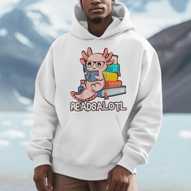 Readalotl a Kawaii Axolotl Reading a Book As Readsalotl Raglan Baseball Tee Men Hoodie
