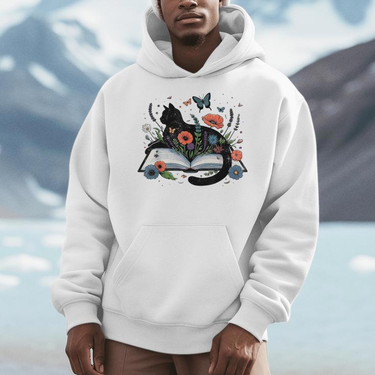 Retro Cute Cat Floral Book Librarian Vintage Floral Cat Book Men Hoodie