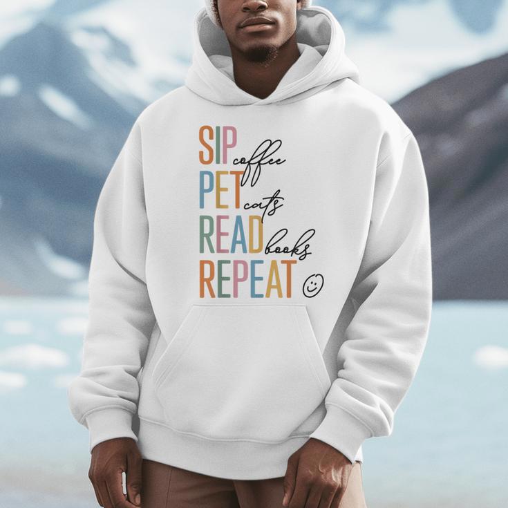 Sip Coffee Pet Cats Read Books Repeat Book Cat Lover Men Hoodie