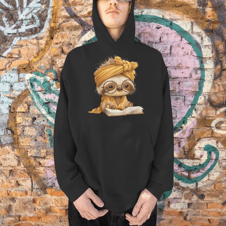 Baby Sloth Open Book Reading Animal Lover Graphic Portrait Men Hoodie