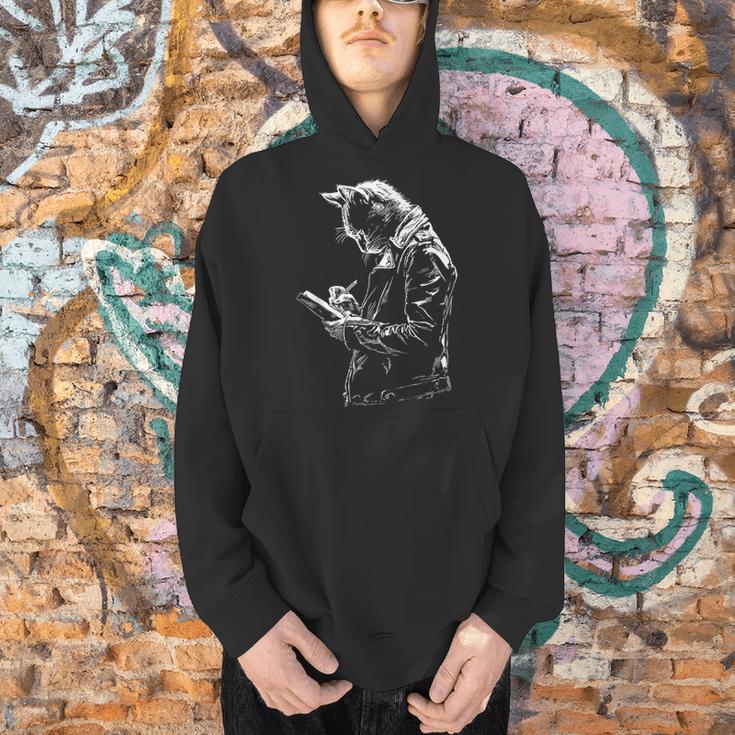Cat Holds Book Writing Animal Print Motif Drawing Art Cat Men Hoodie