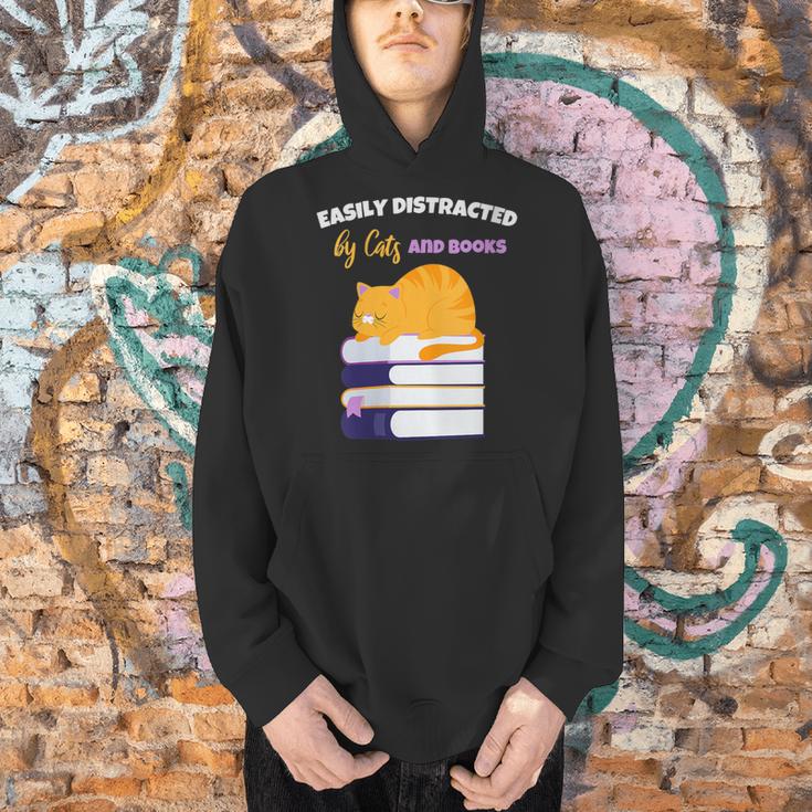 Easily Distracted Cats And Books Cute Cat Book Lover Men Hoodie