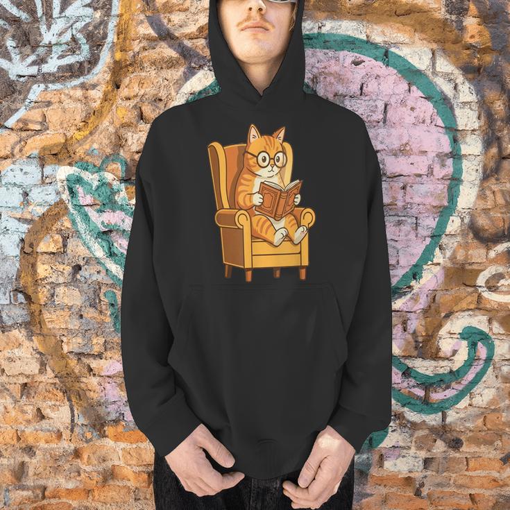 Ginger Tabby Cat Reading Book Glasses Retro Illustration Men Hoodie