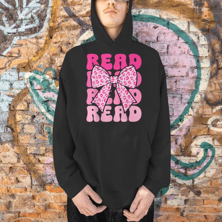 Pink Leopard Read Coquette Bow Girls Retro Groovy Reading Men Hoodie