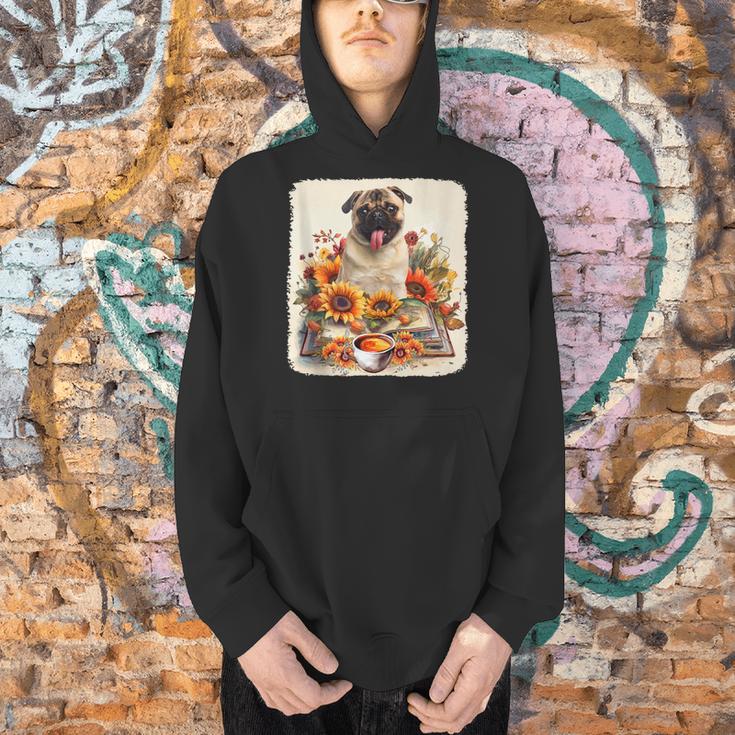 Pug Reading Books Sunflowers With Coffee Lover Owner Men Hoodie