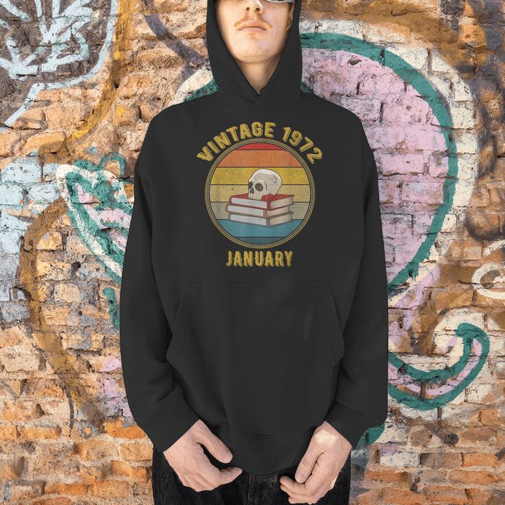 Vintage January 1972 Dark Academia Skull On Books Distressed Men Hoodie