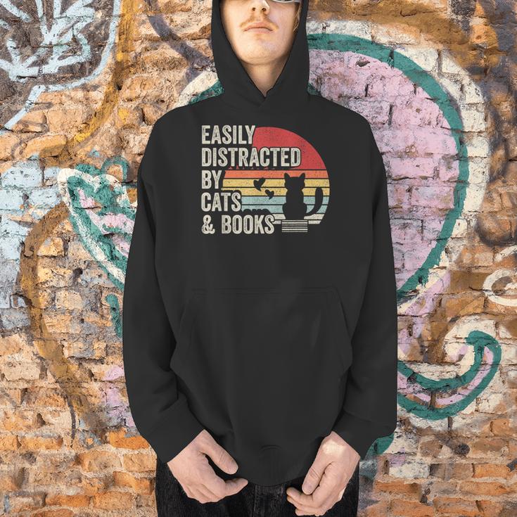 Vintage Retro Easily Distracted By Cats And Books Men Hoodie