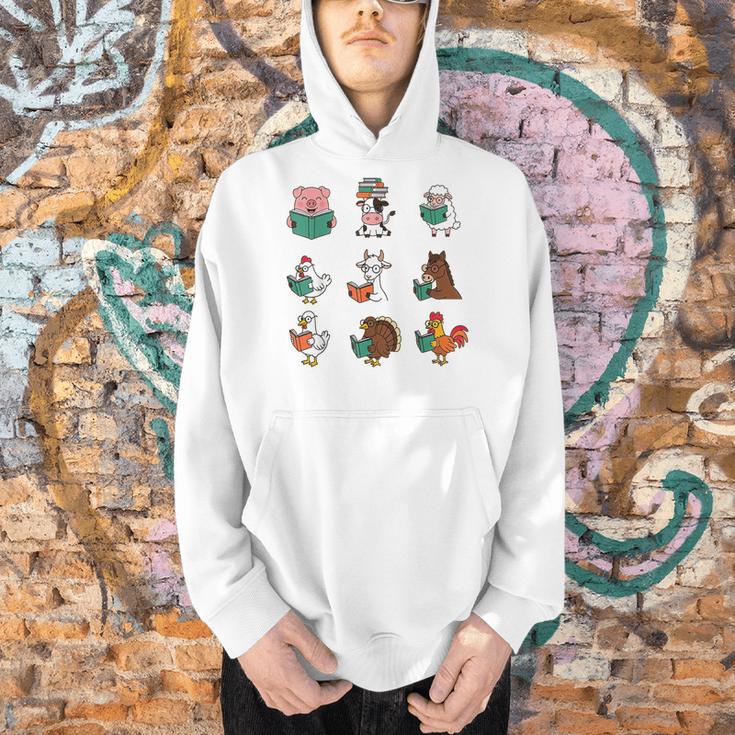 Cute Farm Animals Reading Books Teacher Library Reader Men Hoodie