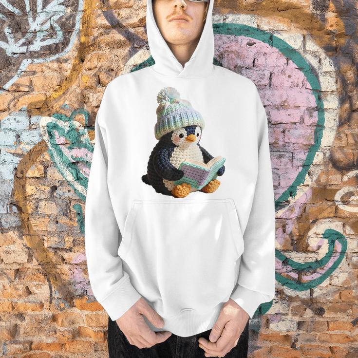 Cute Penguin Reading Book Faux-Crochet Print Men Hoodie