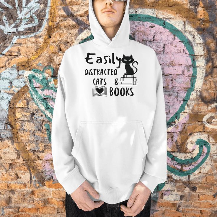 Easily Distracted Cats And Books Funny Book Lover Cat Gifts Women Men Hoodie