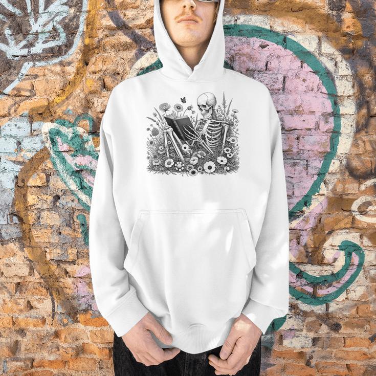 Skeleton Reading Book Floral Bookish Aesthetic Book Lover Men Hoodie