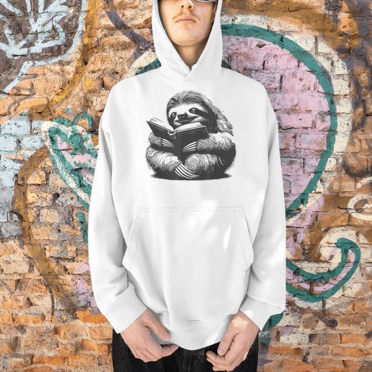 Sleepy Sloth Reading Book Cute Vintage Animal Graphic Men Hoodie
