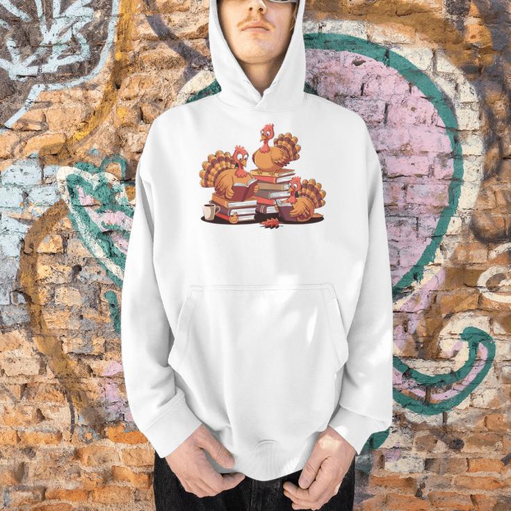 Turkey Reading Books Fall Thanksgiving Teacher Book Lovers Men Hoodie