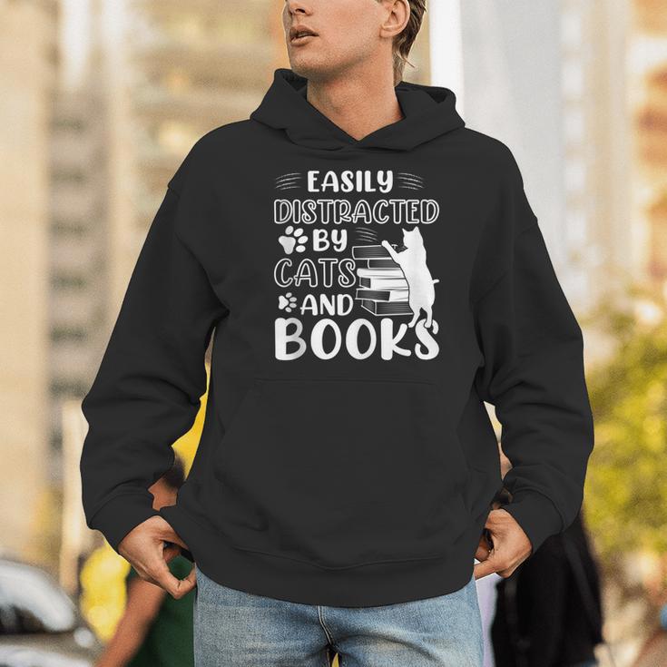 Easily Distracted By Cats And Books Cats & Book Lovers Men Hoodie