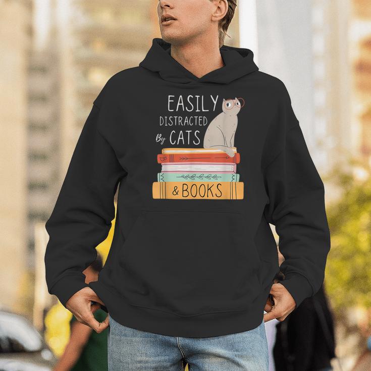 Easily Distracted Cats And Books Cat Lovers For Men Women Kids Men Hoodie