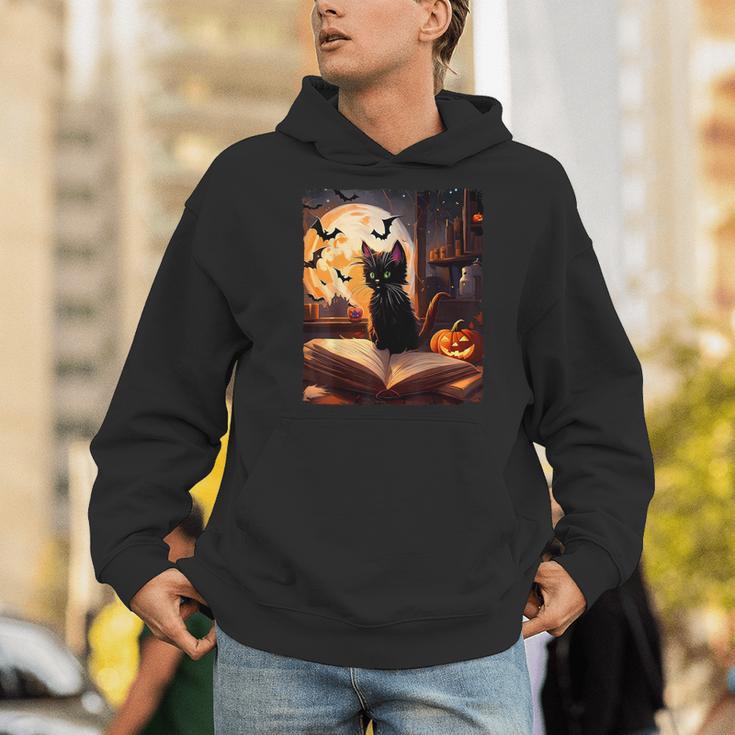 Halloween Cat Reading Books Spooky Cat Reader Teachers Men Hoodie