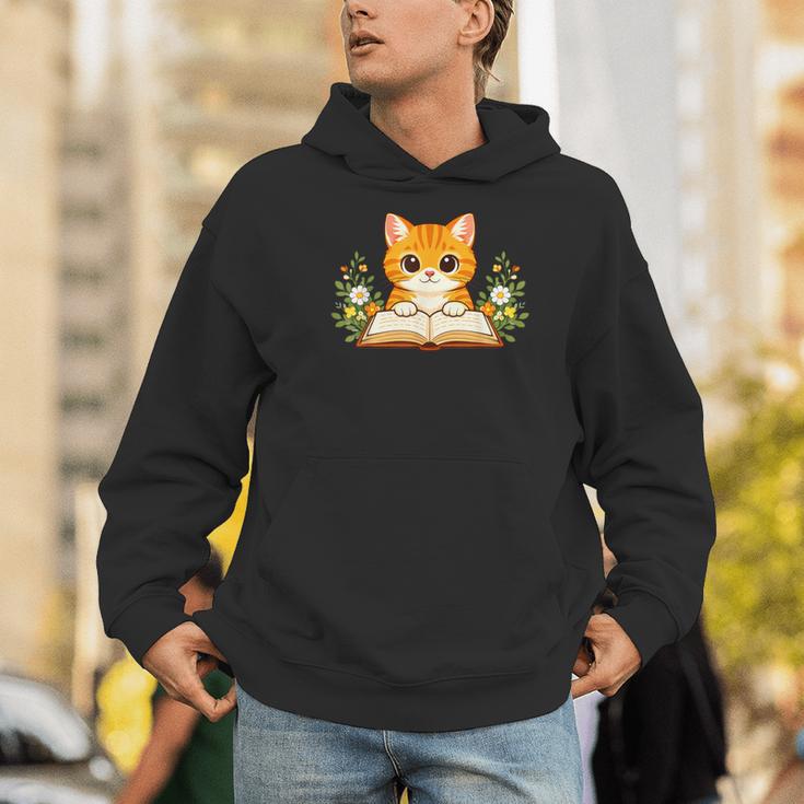 Orange Cat Reading Book Flowers Men Hoodie