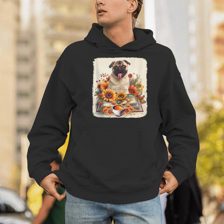 Pug Reading Books Sunflowers With Coffee Lover Owner Men Hoodie