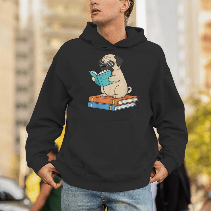 Reading Pug Bookworm Cute Pug With Glasses Books Men Hoodie