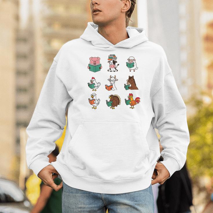 Cute Farm Animals Reading Books Teacher Library Reader Men Hoodie
